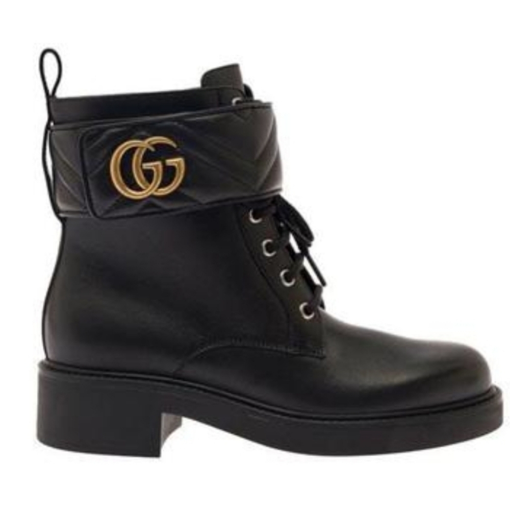 Gucci GG Marmont Black Leather Ankle Boots Combat Style Size 8B - Picture 5 of 10